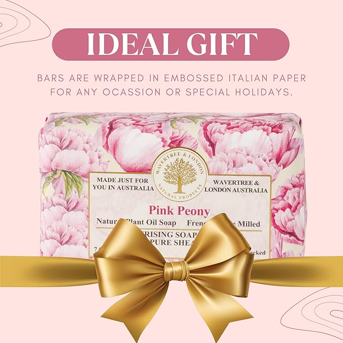 Wavertree & London Pink Peony Scented Natural Soap (2 Bars), 7oz Moisturizing French Triple Milled Soap Bars enriched with shea butter - Pure Plant Based Bath & Body Bars for All Skin Types