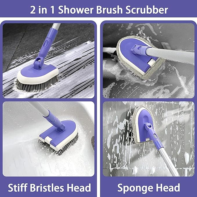 2 in 1 Tile Tub Scrubber Brush with 46.8" Extendable Long Handle, Shower Mop and Tub Cleaning Brush with 2 Different Function Cleaning Heads for Cleaning Bathroom Kitchen Wall Bathtub Floor