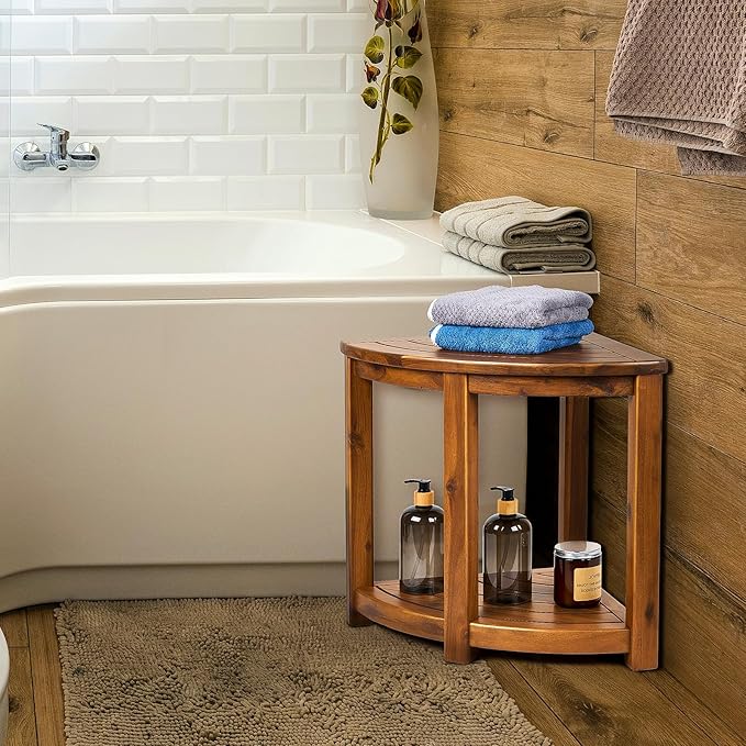 Teak Shower Stool, 18" Corner Shower Benches for Inside Shower Bathroom Wood Shower Seat with Storage Shelf Waterproof - S35796