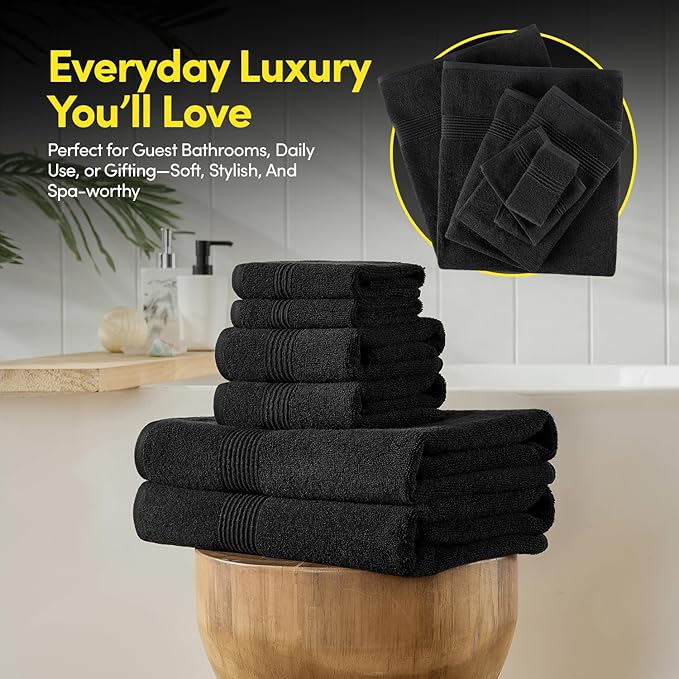 Bath Towels 8 Piece Towel Set β 100% Combed Cotton β Bath + Hand + Washcloths β Oeko-TEX Certified Soft & Absorbent Towels with Durable Double-Stitched Edges for Bathroom or Guest Spa, Black
