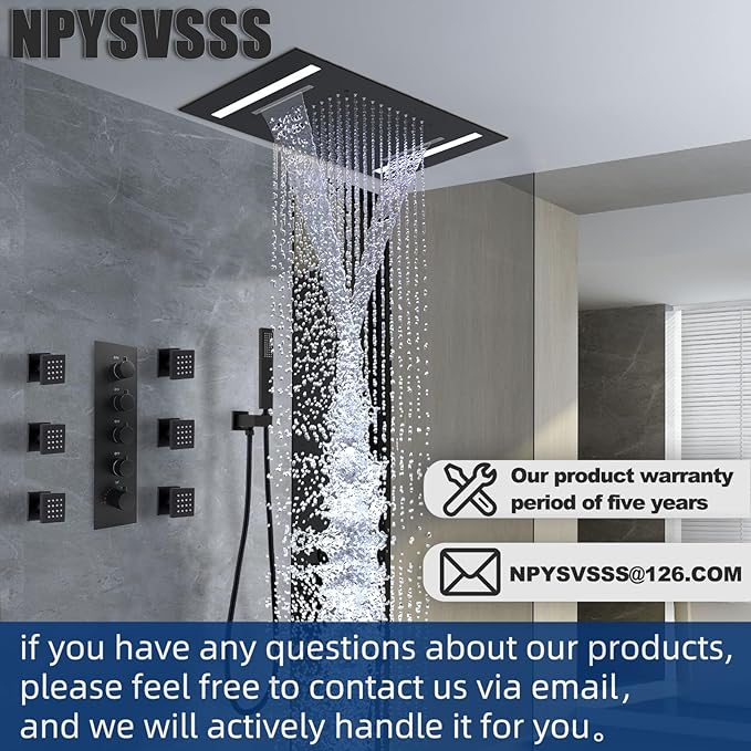 Multi Full Body Thermostatic Luxury Spa Shower System And 14x20 Inch LED 4 Functions Faucet Set, Rainfall Spray Waterfall Can Be Turned On Simultaneously,Matte Black