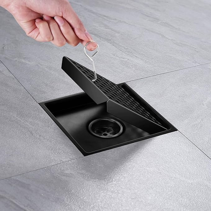 Shower Drain, Matte Black 6 inch Square Shower Floor Drain with Flange, Removeable Grid Panel SUS 304 Stainless Steel Square Shower Drain