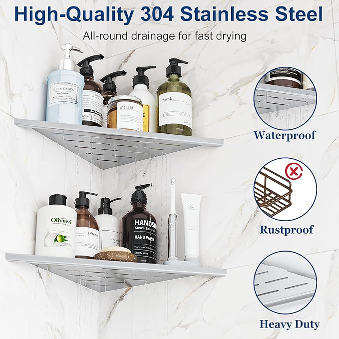 Corner Shower Shelves, 12” Recessed Tile Shower Shelf, 304 Stainless Steel Grout in Corner Tile Shower Shelves, No Drilling, Brushed Nickel, 2 Pack