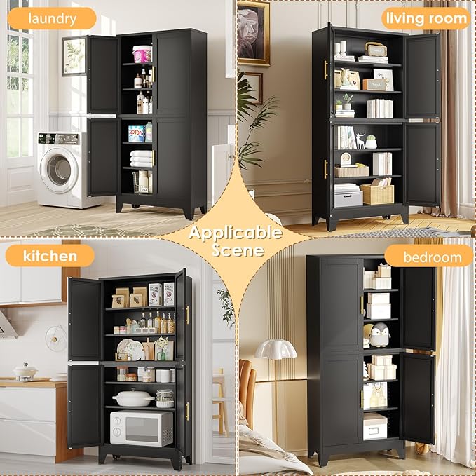 75" Tall Metal Kitchen Pantry Storage Cabinet, Freestanding Cupboard with 4 Doors and 4 Adjustable Shelves, Standing Storage for Kitchen, Bathroom, Garage, Dinning Room or Utility Room(Black)