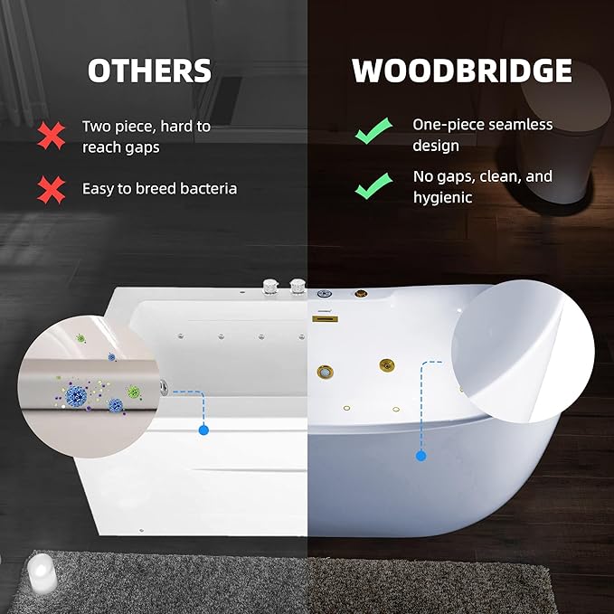 WOODBRIDGE 72" x 35-3/8" Whirlpool and Air Bath Heated Soaking Combination Tub with Adjustable Speed Air Blower and Display Control Panel, Brushed Gold Finish Trim and Drain Kit, BG400