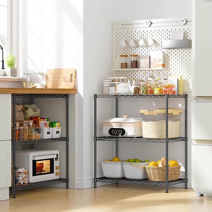 3 Tier Storage Shelves Metal Shelving Unit,Adjustable Wire Rack Pantry Kitchen Shelves,Small Shelf Wire Shelving for Laundry Office Bedroom Dorm Bathroom Closet 24" W x 30" H x 14" D Black Shelves