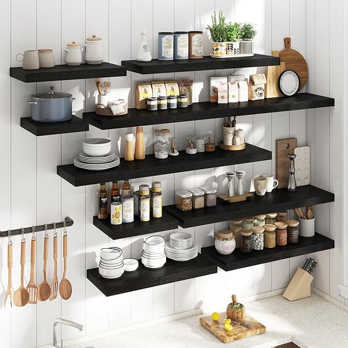 24 Inch Floating Shelves for Wall Set of 2, 12"D Wood Grain Bathroom Shelves with Invisible Brackets, Easy Install Engineered Wood Storage Shelves for Kitchen, Living Room, Bedroom, Black Finish