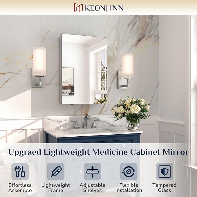 Keonjinn 16.14 x 24.01 Inch Medicine Cabinet, Bathroom Medicine Cabinet with Mirror, Lightweight Aluminum Structure, Assembly Required, in Wall or Wall Mount, Adjustable Shelves, Tempered Glass