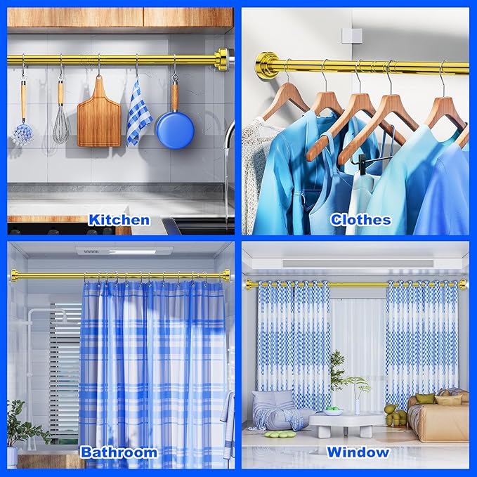 Ausemku Shower Curtain Rod - 32-68 Inch Rustproof Tension Rod, Non-Slip Spring Design, No Drilling Adjustable Curtain Rod for Bathroom, Kitchen, and Closet(Gold)