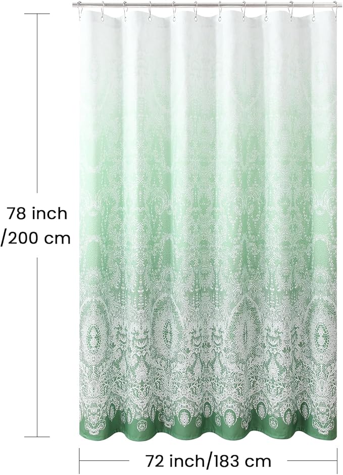 78 Inch Long Shower Curtain - Chantilly Lace Design, Heavyweight Polyester, Grass Green to White Ombre, 72" W x 78" H
