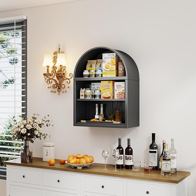 Metal Arched Wall Cabinet,Black Bathroom Wall Mounted Cupboard,Modern Arched Storage Cabinet with Adjustable Shelf,Space Saver Wall Cabinet,Requires Assembly