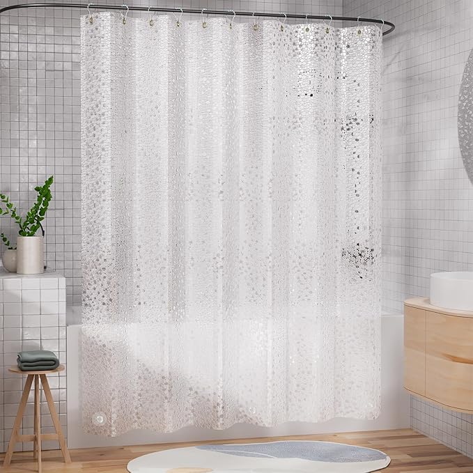 AmazerBath Heavy Duty Shower Curtain Liner, 100% EVA Clear Shower Curtain and Liner 2-in-1, 72x72 Luxury Plastic Weighted Bathroom Cobble Shower Liner, 12 Rustproof Grommets & 3 Heavyweight Stones
