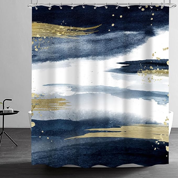 Cinbloo Navy Blue Marble Shower Curtain 60Wx72H Abstract Modern Ombre Gold Minimalist Bathroom Curtain Set Man Woman Aesthetic Oil Painting Ink Bath Curtain Fabric Bathroom Decor with 12 Hooks
