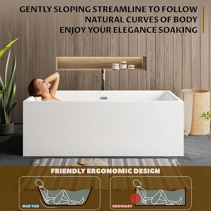 67" Free Standing Tub, Acrylic Soaking Bathtub, Stand Alone Freestanding Tub with Matte Sliver Drain and Overflow, Contemporary Bathtub for Bathroom, White