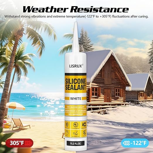 White Advanced Silicone Caulk, 100% Waterproof Silicone Sealant Indoor Outdoor Caulking for Window, Door, RV, Roof, Auto & Marine, Kitchen, Bathroom, Glass,15.2 oz(6-Pack) No Odor