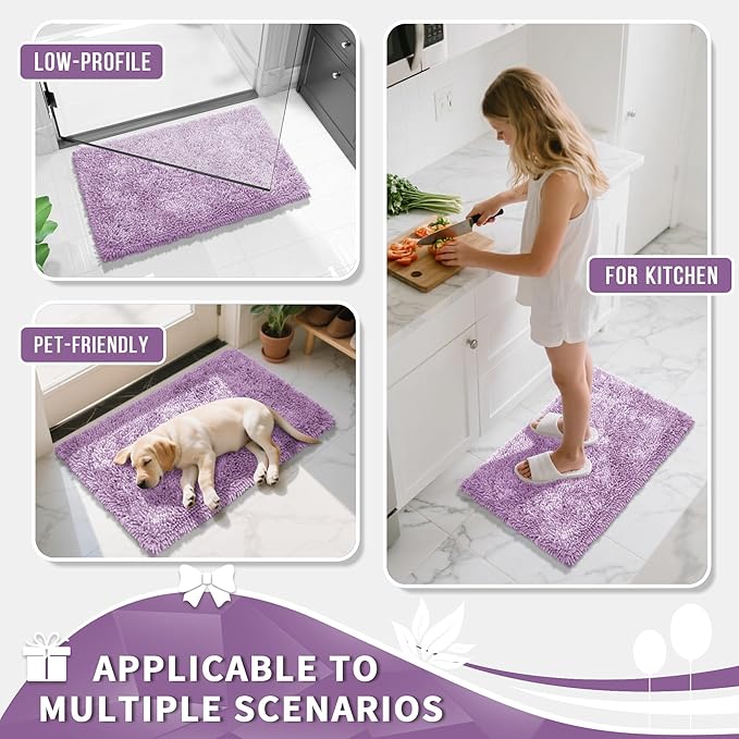 Yimobra Chenille Bathroom Rugs Non Slip, Extra Thick Soft Absorbent Bath Rug, Machine Washable Quick Dry Bath Mat for Bathroom Floor, Tub and Shower, Home Decor Accessories, 24x17, Lilac