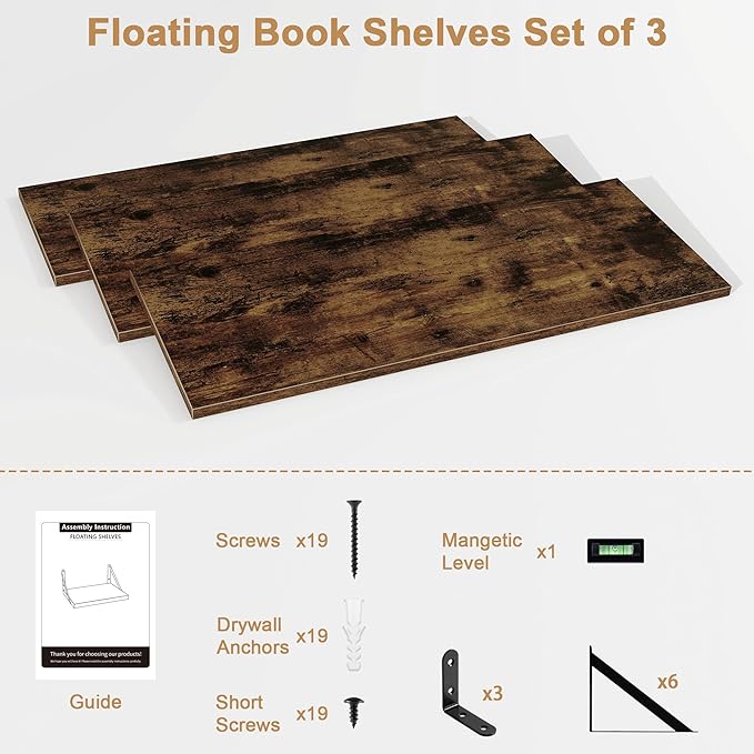 Fun Memories Long Wall Shelves for Bedroom, Set of 3 Large 40-Inch Floating Bookshelves, Rustic Wood Display Shelf for Home and Office (Rustic Brown)