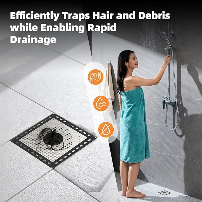 Hibbent Upgraded Shower Drain Hair Catcher, Shower Drain Cover for Bathroom Floor 6" Drain, Anti-Clogging Bathtub Drain Strainer, Stainless Steel Kitchen Sink Drain Strainer with Handle, Black