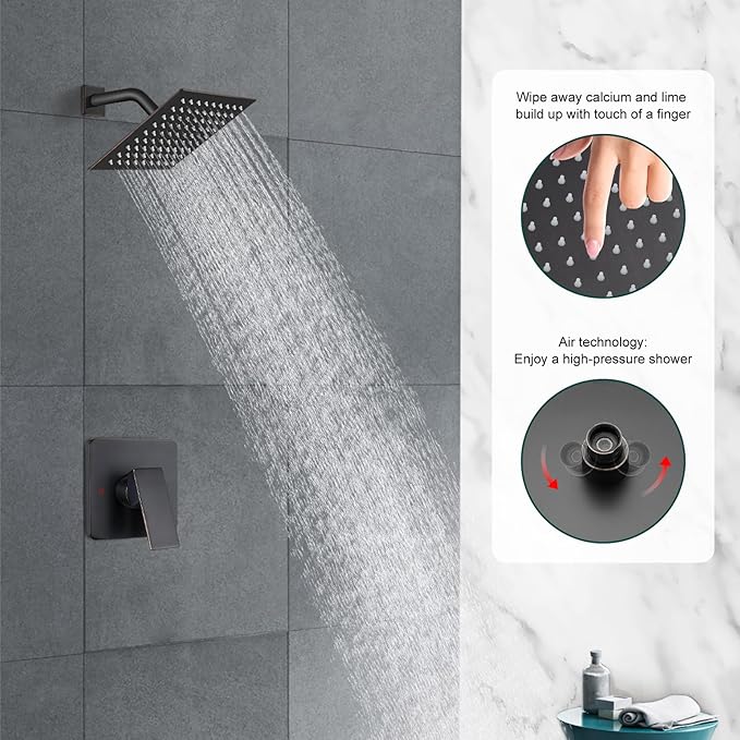 Heyalan 8 Inch Shower Head and Handle Set Square Shower Faucet Set Bathroom Rainfall Shower System Stainless Steel Showerhead Single Function Shower Trim Kit,Female Thread Valve,Oil Rubbed Bronze