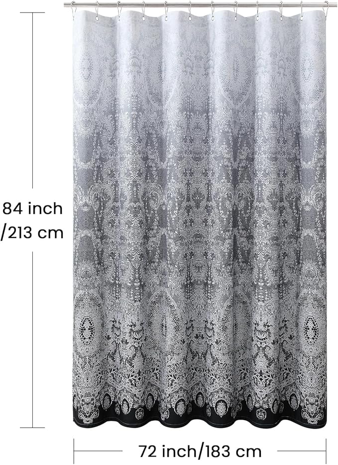 Extra Long Shower Curtain - Chantilly Lace Design, Heavyweight Polyester, Black to White Ombre, 72" W x 84" H
