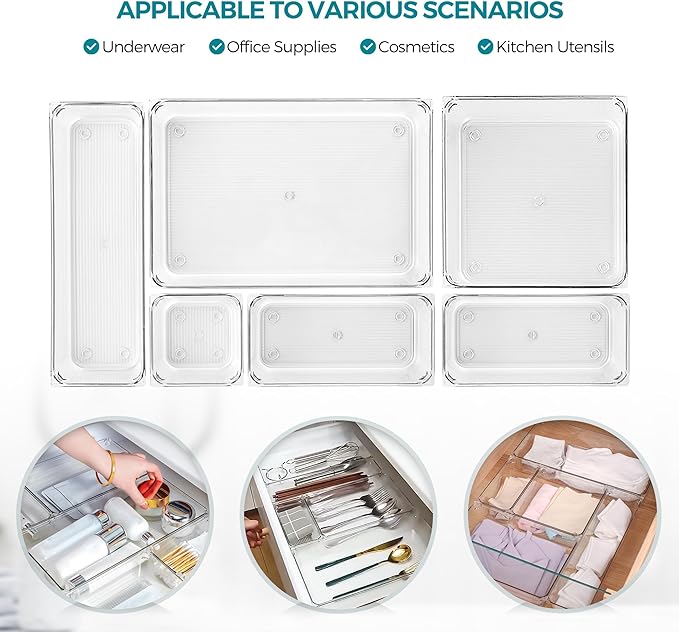 6 Pack Drawer Organizer - 6" X 9" Clear Acrylic Storage Bins with Non-Slip Pads, Versatile Desk Tray for Makeup, Jewelry, Kitchen, Bathroom, and Office Organization