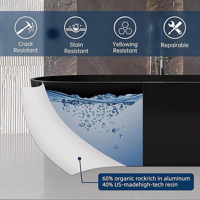 69" Stone Resin Freestanding Bathtub, Oval Solid Surface Bathroom Freestanding Tub, Thin Edge Stand Alone Tub with Integrated Slotted Overflow and Pop-up Drain, Matte Black AFS307-1750