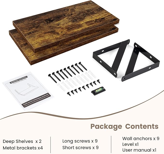 Dreamland Deep Floating Shelves for Wall, 16W x 8D Wall Mounted Shelves Set of 2, Floating Shelves Bedroom with Sturdy Metal Brackets for Living Room, Bathroom and Kitchen, Brown
