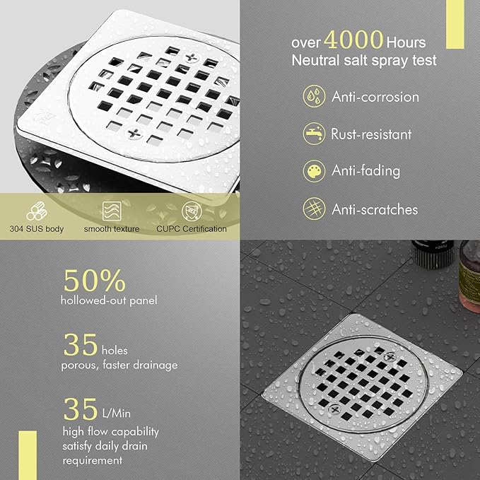 4” Shower Floor Drain Grate Kit Chrome - Compatible with Schluter Kerdi-Drain Flange - with Adjustable Collar & Removable Square Cover, SUS304 Stainless Steel & CUPC Certification