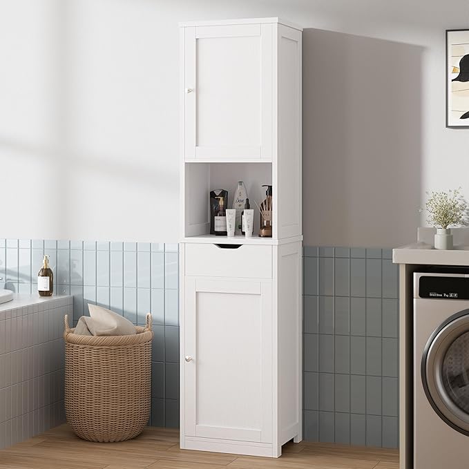 Walsunny Tall Bathroom Storage Cabinet with Freestanding Adjustable Shelves, Narrow Storage Linen Cabinet with 2 Doors and 1 Drawers for Bathroom, Living Room, Kitchen(White)