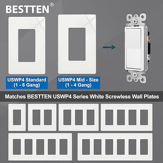 BESTTEN 30 Pack Single Pole Decorator Light Switch, Rocker Paddle Wall Switch, On/Off Interrupter, w/Wall Plate, 15A 120/277V, UL Listed, White