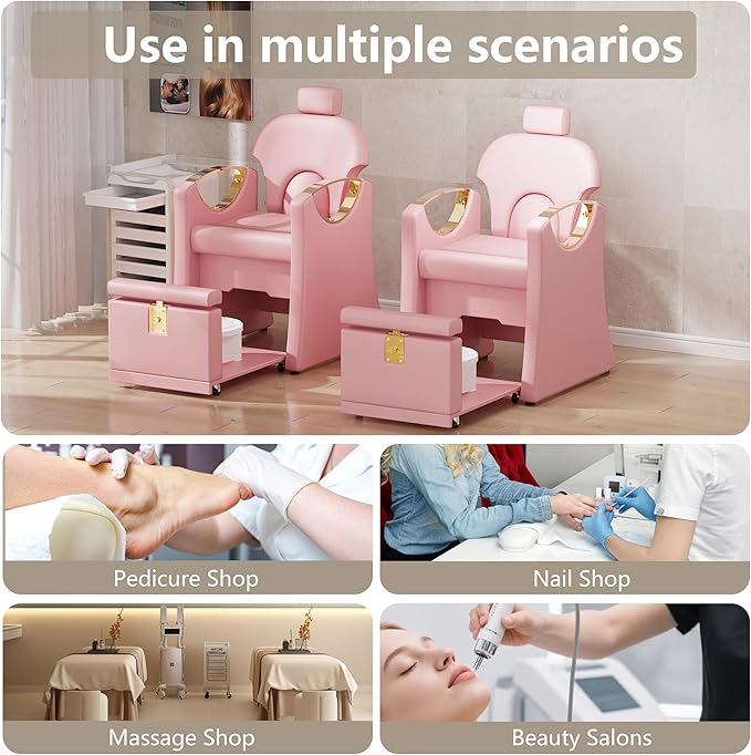Pedicure Station for Nail Tech, Reclining Pedicure Chair with Massage Foot Bath, No Plumbing Pedicure Station Unit (Pink)