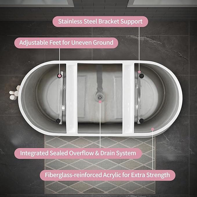 ABRUZZO 55" Acrylic Freestanding Bathtub - Oval Deep Soak Tub, Center Drain & Overflow, cUPC Certified Glossy White