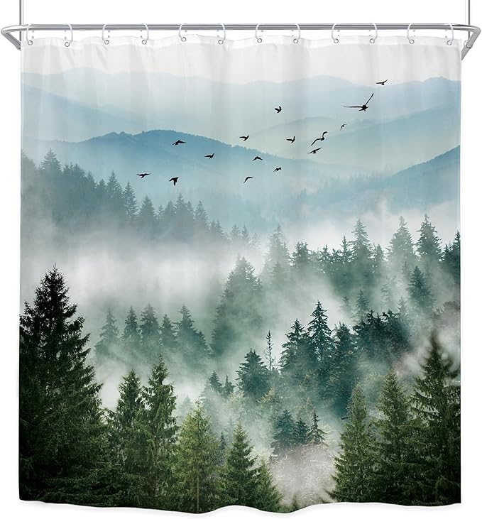 Riyidecor Long Green Shower Curtain 72Wx78H Inch Mountain Scenery Natural Pine Tree View Rustic Scene Landscape Netural Mens Women Bathroom Decor Fabric Polyester Waterproof 12 Pack Hooks