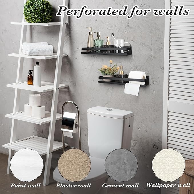 Lallisa 2 Pieces Stainless Steel Shelf Bathroom Shower Floating Shelves Wall Mounted Shower Caddy Basket Shelf Storage Organizer Shelves for Bathroom, Kitchen, Living Room (Black,11.81 Inch/ 30 cm)