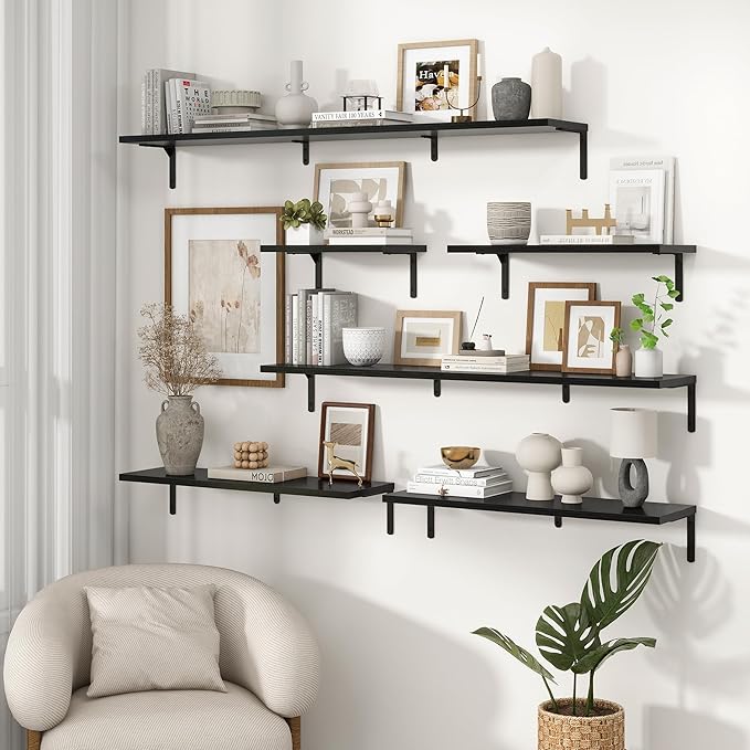 Fun Memories Deep Floating Shelves, 55W x 8D Floating Shelves Set of 2, Wall Mounted Shelf with Metal Brackets, Rustic Wood Wall Shelf for Bathroom, Kitchen and Living Room, Black