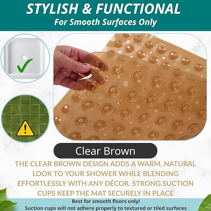 ENKOSI Square Shower Mat – 21 x 21 Inch Non-Slip Bathroom Shower Stall Mat with Suction Cups and Drain Holes – Anti-Slip Bathtub Shower Mats for Inside Shower (21x21 Clear Brown)