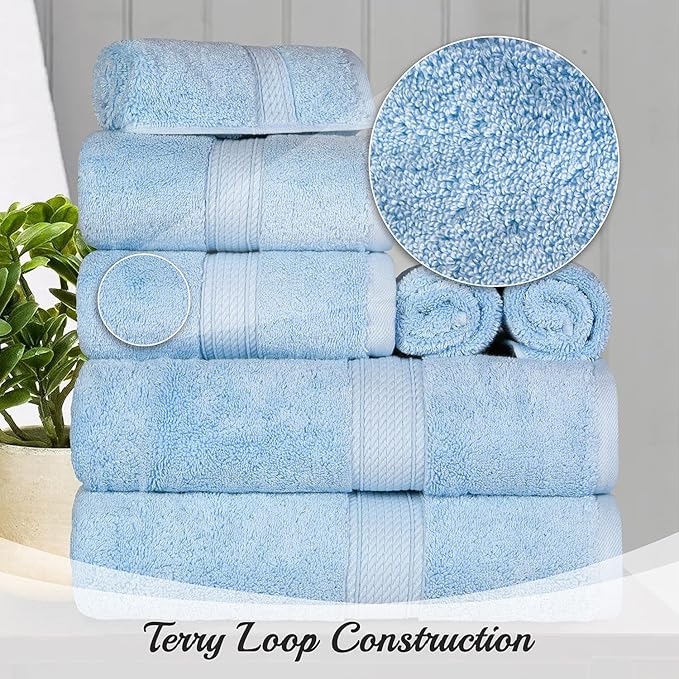 BLUENILEMILLS Madison Egyptian Cotton Towels, Towel Set for Bathroom, Shower, Hotel, Plush, 800 GSM, Highly Absorbent and Ultra-Soft Towels, Bath Essentials, 8 Piece Assorted Towel Set, Light Blue