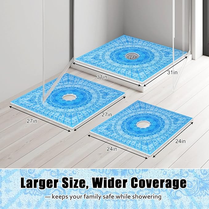 Square Shower Mat Non Slip: 31x31 Inch Extra Large Shower Floor Mat with Drain Hole in Middle - Soft PVC Loofah Bath Mat for Shower - Anti Slip Shower Stall Mat for Elderly and Kids