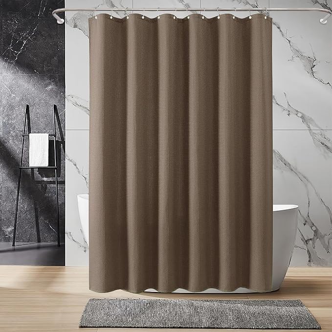 Inhousolu Fabric Shower Curtain Waffle Weave, 230 GSM Heavy Duty, Weighted Hem, 14 Metal Hooks, Water Repellent, Machine Washable, Hotel Spa Luxury Bath Curtain Set, 72 x 72 Inch, Brown