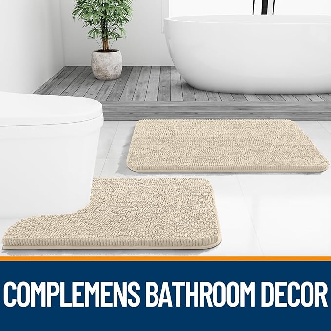 OLANLY Bathroom Rugs Sets 2 Piece, Soft Absorbent Chenille Bath Mats and U-Shaped Contour Toilet Mat Area Rug Set, Machine Washable Bath Carpet, Home Decor Accessories(24"x16"+24"x20", Sand)