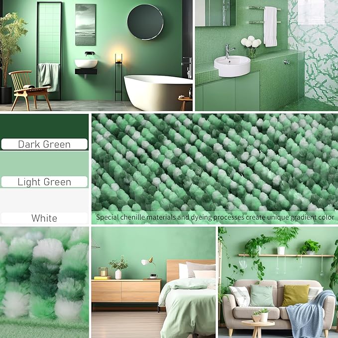 Yimobra Luxury Bathroom Rugs, 47x24, Extra Soft Chenille Mats for Bathroom Non Slip, Fluffy Long Matts for Tub, Plush Shaggy Carpet Runner, Water Absorbent, Machine Washable, Light Green & Green