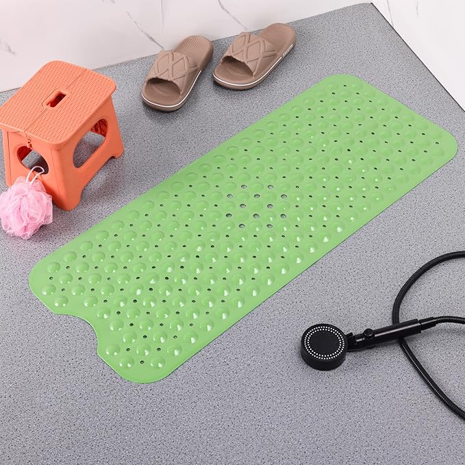 Anti-Slip Bathtub Shower mat, 39.3×15.7 inch(Approximately 100 × 40cm) Soft Oversized Machine Washable Non-Slip Bathtub mat with Drainage Holes, Bathroom Floor Suction Cup.(1-Opaque Pea Green)