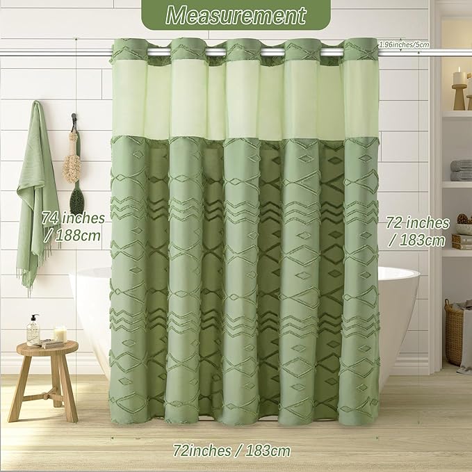 No Hooks Shower Curtain with Snap-in Liner, Sage Green Boho Tufted Chevron Striped Textured Shower Curtains for Bathroom, Water Repellent Luxury Shower Curtain, 72Wx74H