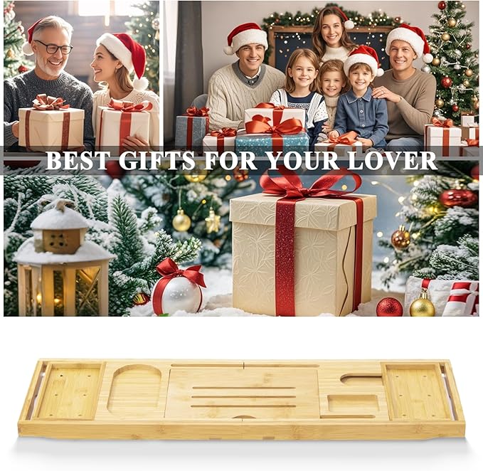 AUTODECO Bathtub Tray, Bamboo Bath Tray for Tub, Expandable Bath Tray with Bamboo Book Stand, Soap Tray, Bathtub & Bathroom Accessories Perfect for Home Spa, Natural Colour