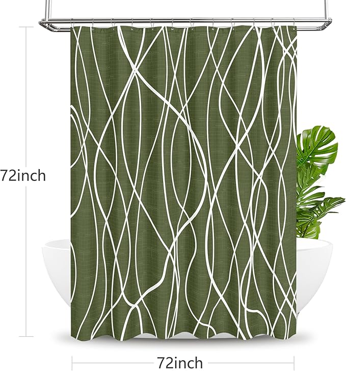 Tititex Morden140gms Faux Linen Fabric Bath Shower Curtain Set Textured Fabric with Olive White Curve Pattern 72x72 Inch Water Resistant Bathroom Curtains, Weighted Hem & Hooks for Hotel/Home