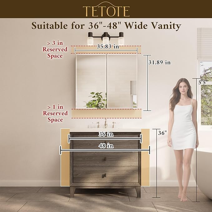 TETOTE 36 x 32 Bathroom Mirror Cabinet with Tempered Beveled Mirror Silver Medicine Cabinet Aluminum Cabinet DTC Hinges, Stepless Adjustable Shelves, Recessed/Surface-Mounted