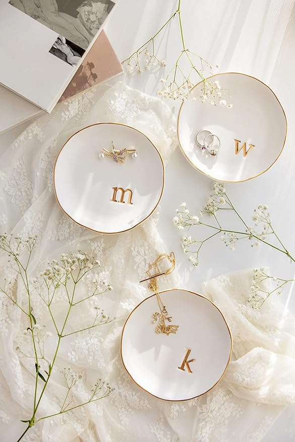 COLLECTIVE HOME - Ceramic Jewelry Tray, Decorative Trinket Dish for Rings Earrings Necklaces Bracelet Watch Keys, Birthday Mother's Day Christmas Gift for Women, 4.75", White Surface (B)