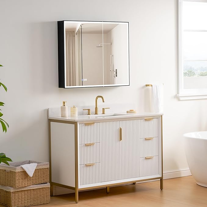 WELLFOR 36" X 30" LED Mirrored Medicine Cabinet, Medicine Cabinets with Lights for Bathroom, Defogging Function Mirror Cabinet, Bathroom Medicine Cabinet with USB Port & Outlet, Double Doors