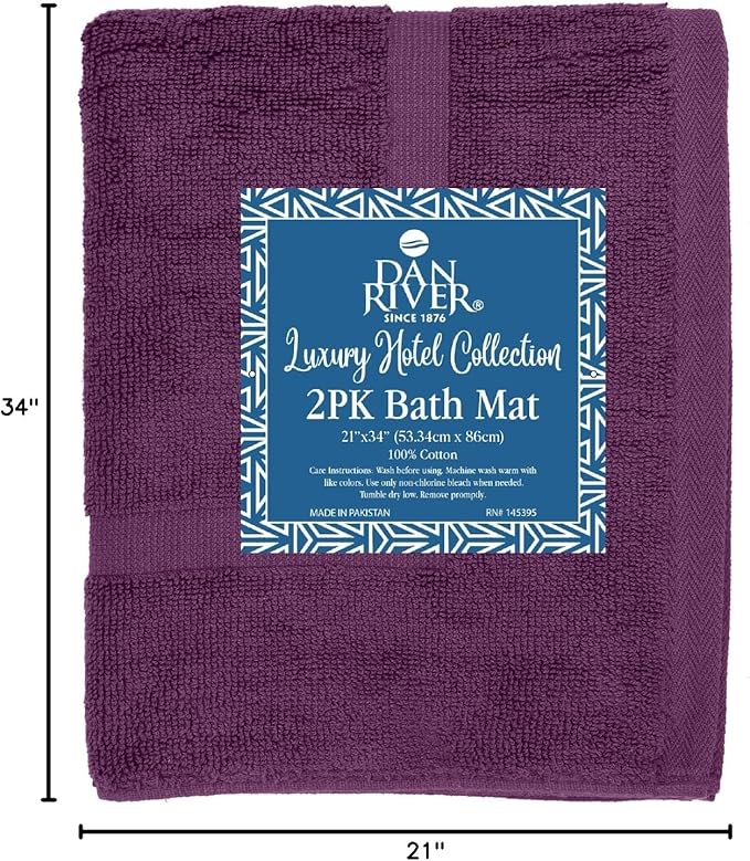 DAN RIVER Classic Cotton Bath Mats Set of 2 – Not a Bathroom Rug, Ultra Soft, Highly Absorbent & Machine Washable Bath Mat Towel for Bathroom Floor Mat – Durable, Quick-Dry, 21x34 Inches, Purple