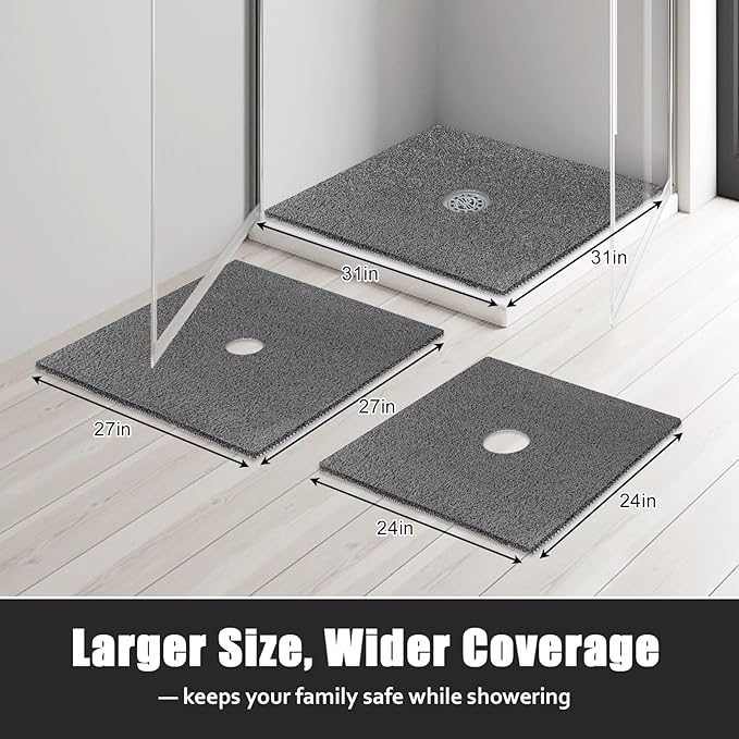 Square Shower Mat Non Slip: 31x31 Inch Extra Large Shower Floor Mat with Drain Hole in Middle - Soft PVC Loofah Bath Mat for Shower - Anti Slip Shower Stall Mat for Elderly and Kids